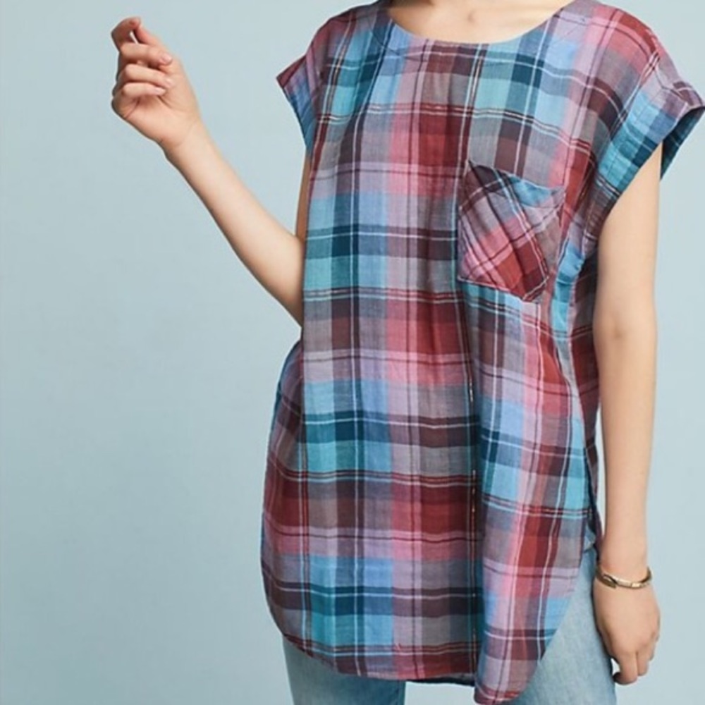 Anthro | Cap Sleeved Plaid Tunic
